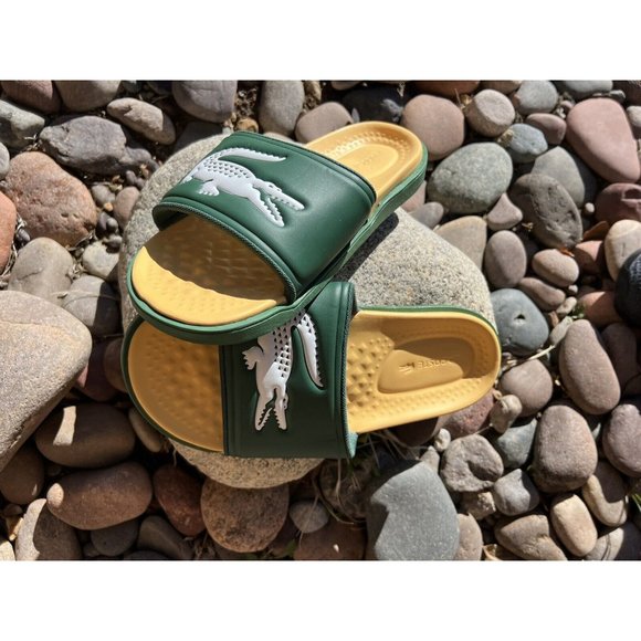 Mens Lacoste Croco Dualiste Slides Green Yellow Slip On Sandals New Sz 10 - Picture 1 of 6
